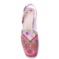 Socofy Handmade Leather Palace Style Carved High Heel Sandals