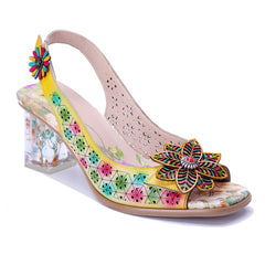 Socofy Handmade Leather Baroque Style Flower High Heel Sandals