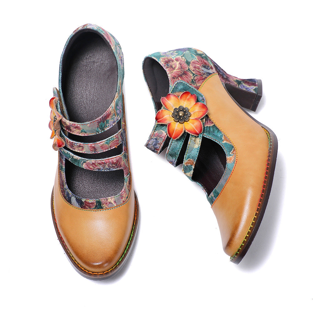 Socofy Leather Flower Decoration Embroidered High Heeled Sandals