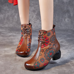 Socofy Leather Print Block Heel Short Boots