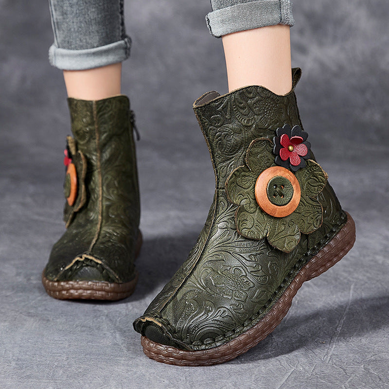 Socofy Vintage Leather Flat Cotton Boots
