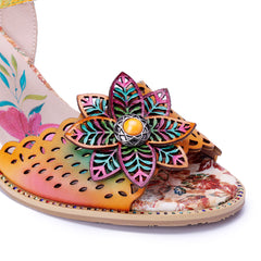 Socofy Summer Handmade Leather Cutout Floral High Heel Sandals