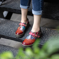 Socofy spring retro women's shoes genuine leather ethnic style flat shoes
