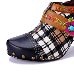 Socofy Retro Plaid Leather Handmade High Heel Shoes