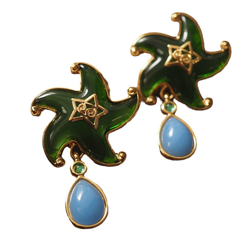 Handmade Vintage Starfish Lucite Jelly Tassel Gemstone Earrings