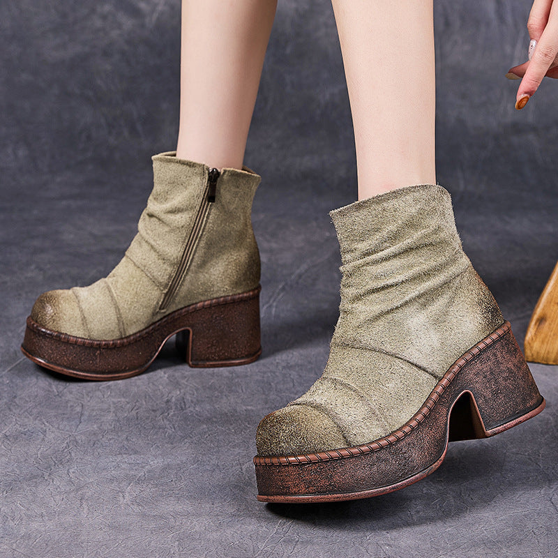 Socofy Retro Cowhide Chunky Heel Short Boots