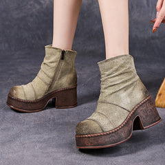 Socofy Retro Cowhide Chunky Heel Short Boots