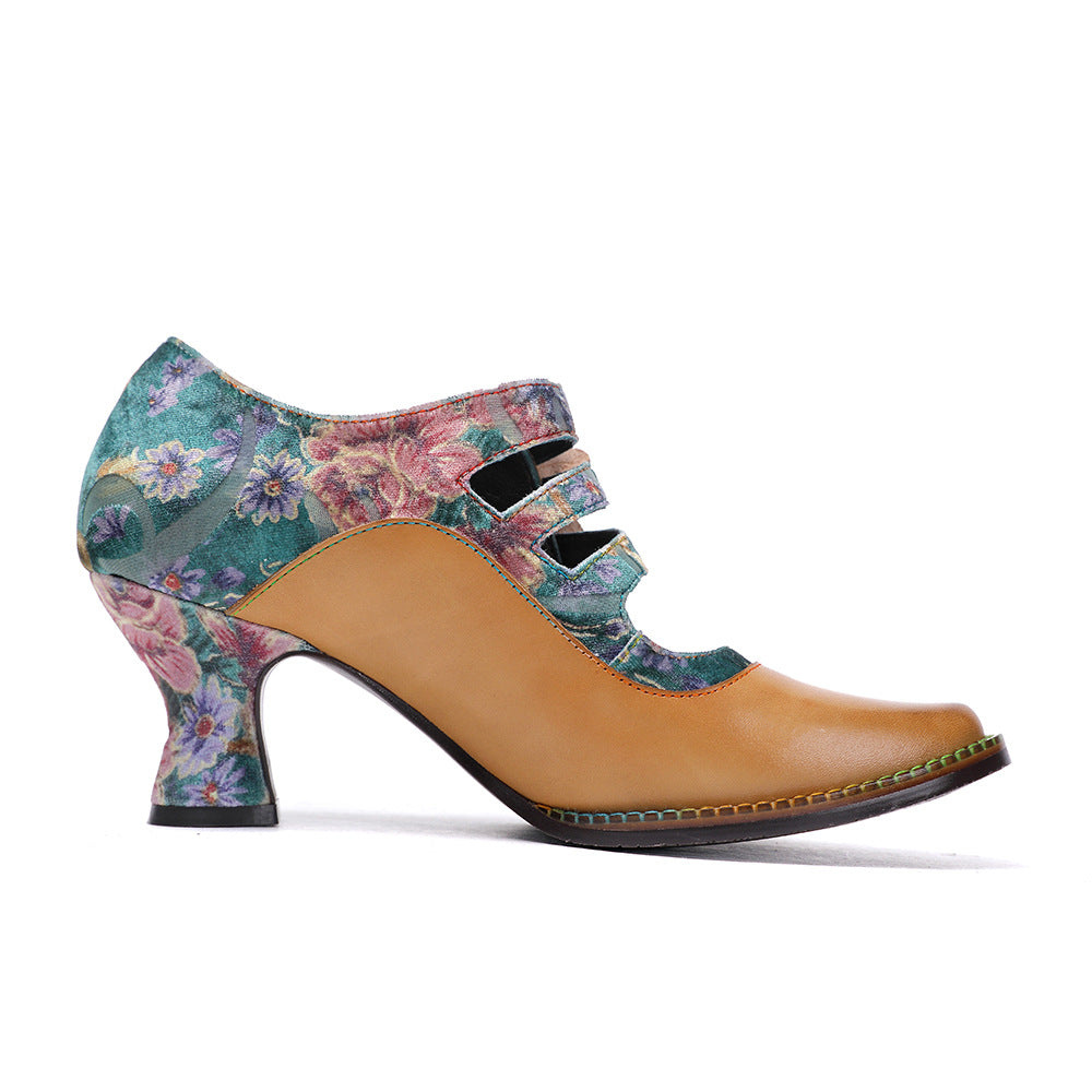 Socofy Leather Flower Decoration Embroidered High Heeled Sandals