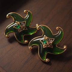 Starfish and Starfish Glass Emerald Ear Clips