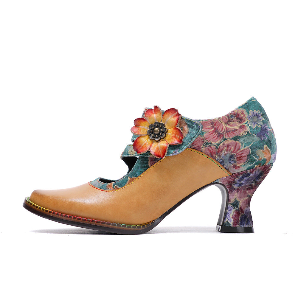 Socofy Leather Flower Decoration Embroidered High Heeled Sandals