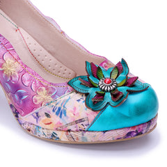 Socofy Handmade Leather Vintage Floral High Heels
