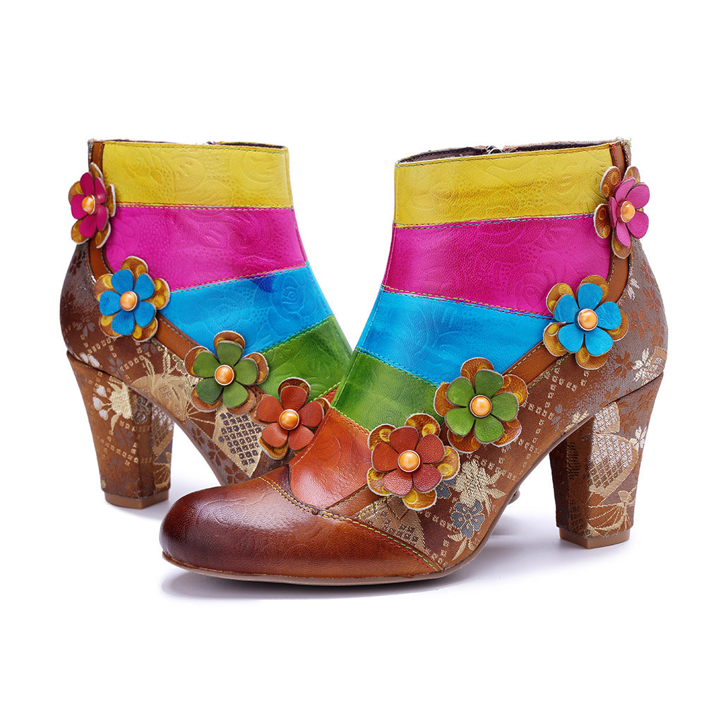 Socofy Handmade Leather Floral Side Zipper Short Boots