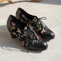 Socofy British Style Butterfly Print Heels