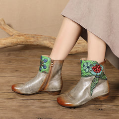 Socofy Handmade Leather Floral Round Toe Low Heel Boots