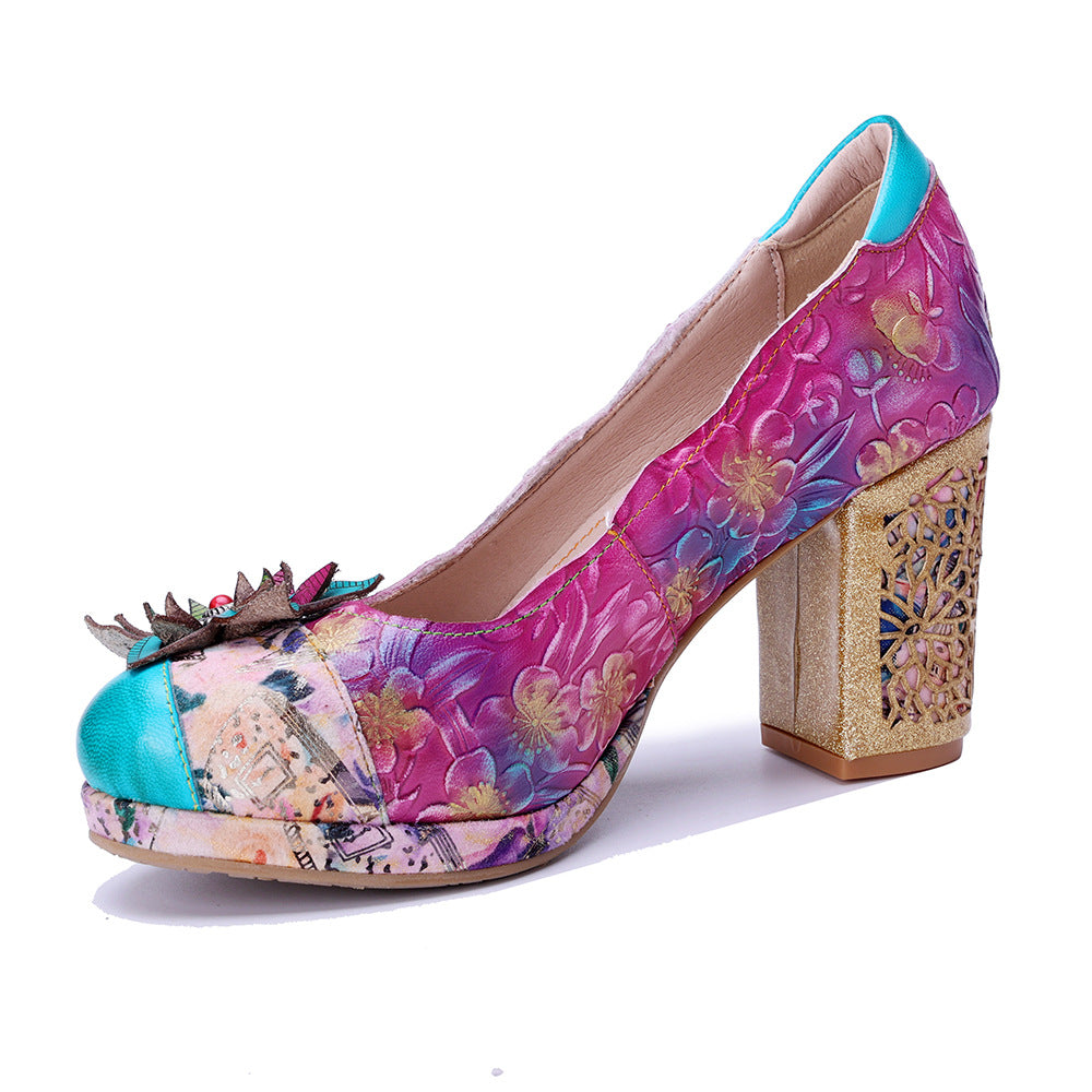 Socofy Handmade Leather Vintage Floral High Heels