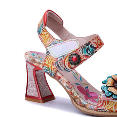 Socofy Summer Handmade Leather Baroque Floral High Heel Sandals