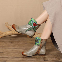Socofy Handmade Leather Floral Round Toe Low Heel Boots