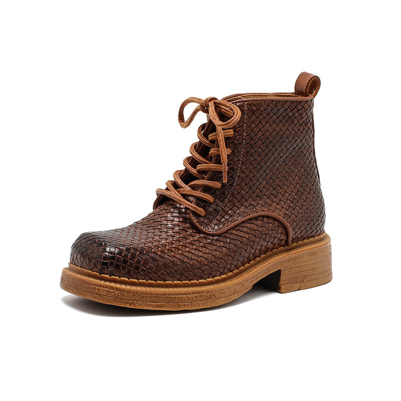 Socofy Retro Leather Mid Heel Martin Boots