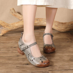 Chic Round Toe and Cutout Design Retro Soft Leather Mid Heel Shoes