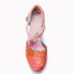 Socofy Handmade Leather Retro Carved High Heels