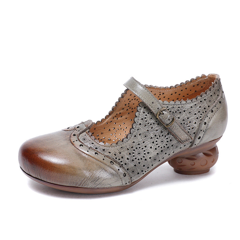 Socofy Vintage Handmade Leather Floral Carved Hollow Mid Heel Shoes