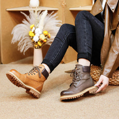 Socofy Classic Leather Mid Heel Short Martin Boots