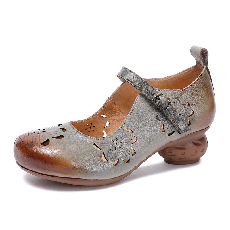 Chic Round Toe and Cutout Design Retro Soft Leather Mid Heel Shoes
