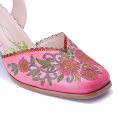 Socofy Handmade Leather Palace Style Carved High Heel Sandals