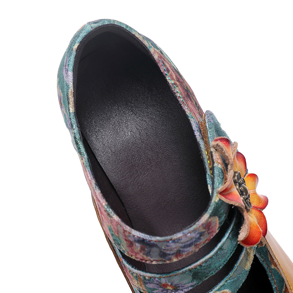 Socofy Leather Flower Decoration Embroidered High Heeled Sandals
