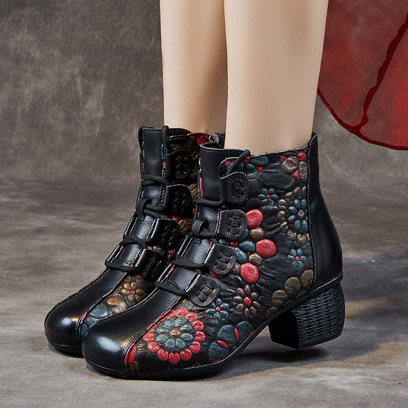 Socofy Top Grain Leather Chunky Heel Short Boots