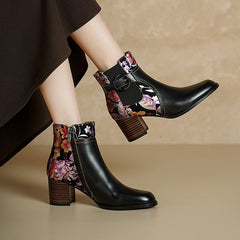 Socofy Autumn Winter Round Toe Color Block Leather Short Boots