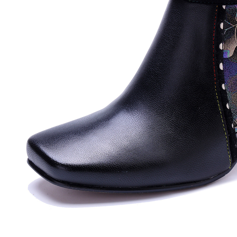 Socofy Retro Grace Handmade Leather Chunky Heel Boots