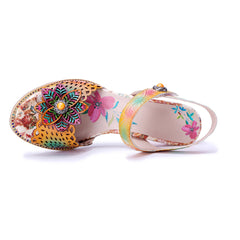 Socofy Summer Handmade Leather Cutout Floral High Heel Sandals