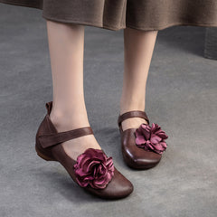 Socofy Vintage Top Grain Leather Flower Flats