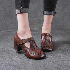 Socofy Vintage Leather Cutout Sandals