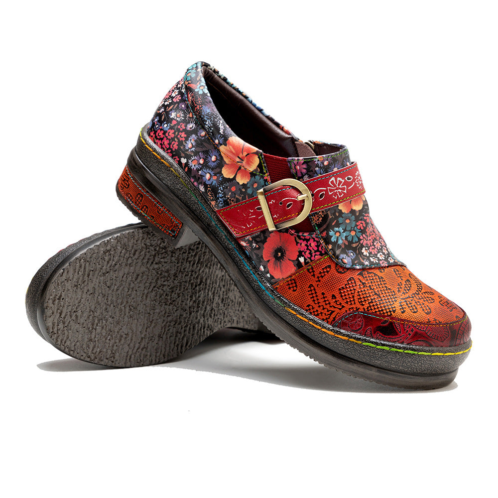 Socofy spring retro women's shoes genuine leather ethnic style flat shoes