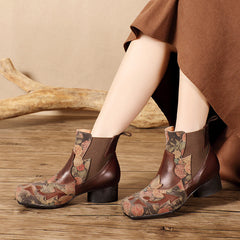 Socofy Handmade Leather Chinese Style Square Toe Engraved Short Boots