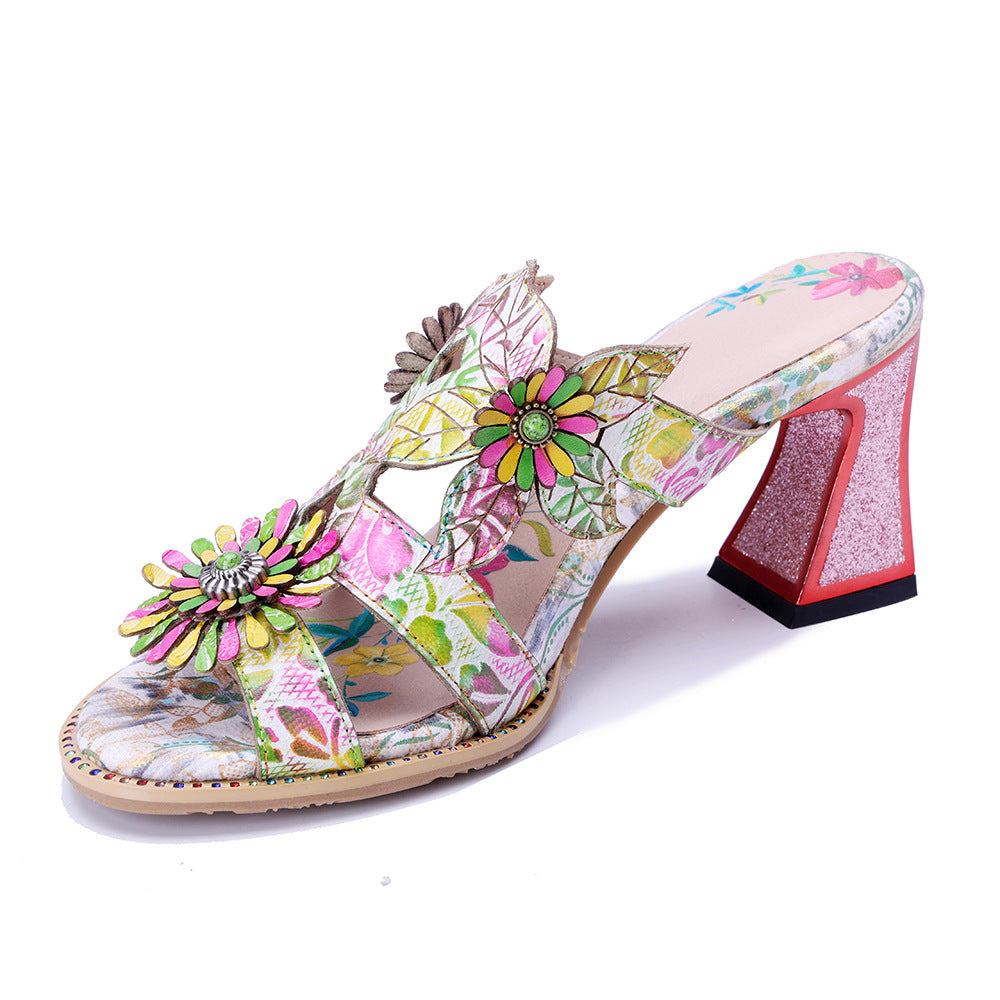 Socofy Summer Leather Flower High Heel Sandals