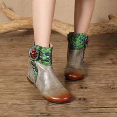 Socofy Handmade Leather Floral Round Toe Low Heel Boots