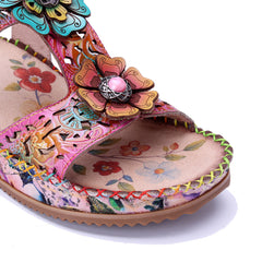 Socofy Handmade Leather Flower Sandals