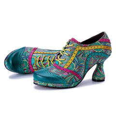 Socofy Handmade Leather Patchwork Printed High Heel Shoes