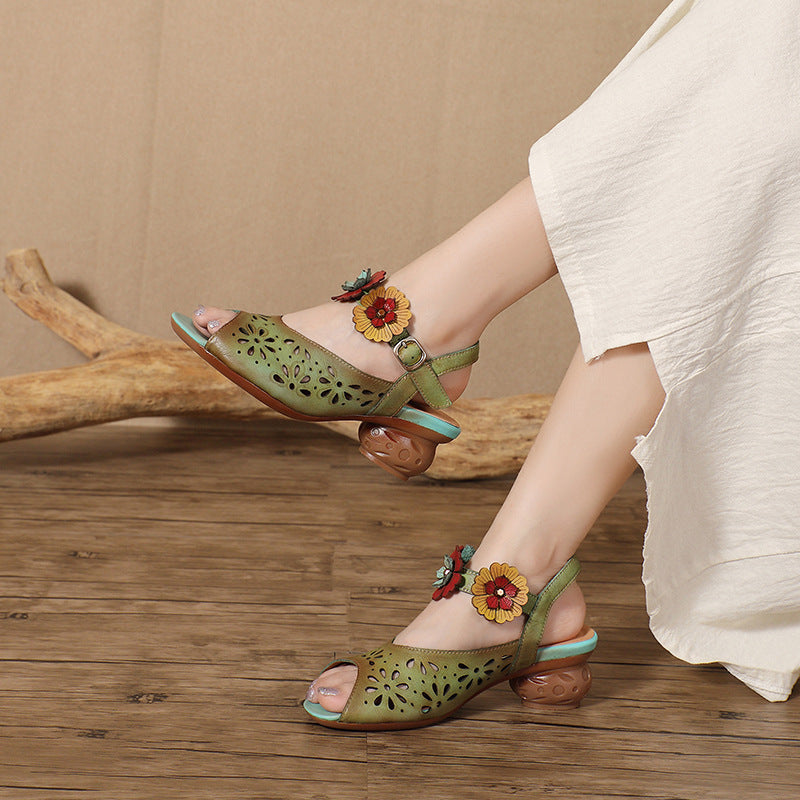 Socofy Retro Handmade Leather Floral Cutout Peep Toe Mid Heel Sandals