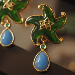 Handmade Vintage Starfish Lucite Jelly Tassel Gemstone Earrings