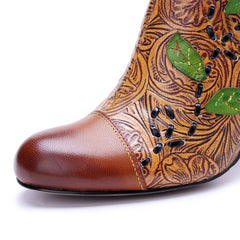 Socofy Handmade Leather Retro Print Side Zip Chunky Heel Boots