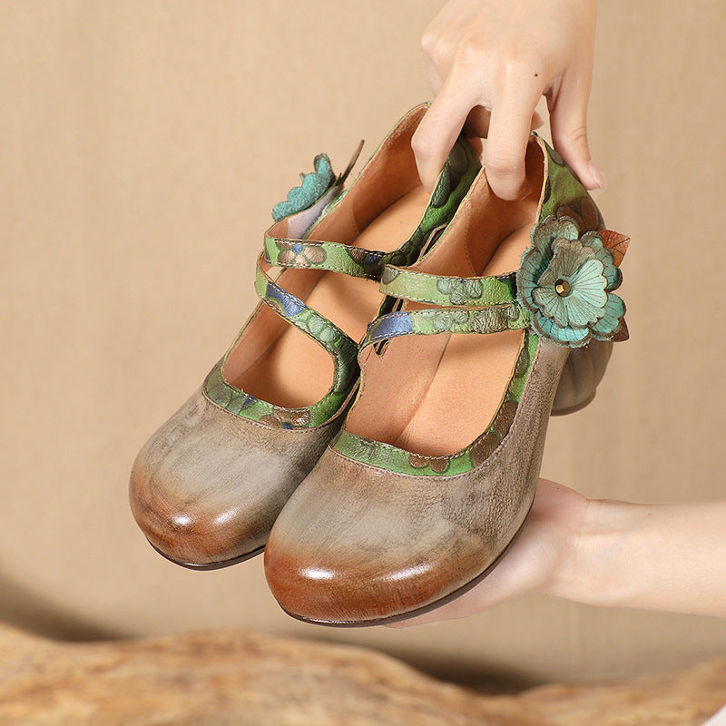 Socofy Summer Breeze Retro Handmade Leather Floral High Heel Closed Toe Shoes