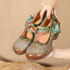 Socofy Summer Breeze Retro Handmade Leather Floral High Heel Closed Toe Shoes