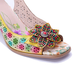 Socofy Handmade Leather Baroque Style Flower High Heel Sandals