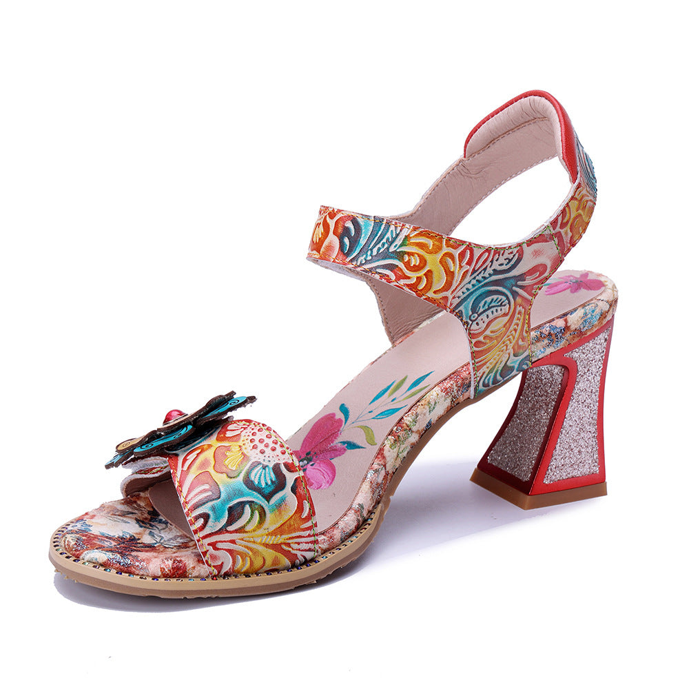 Socofy Summer Handmade Leather Baroque Floral High Heel Sandals