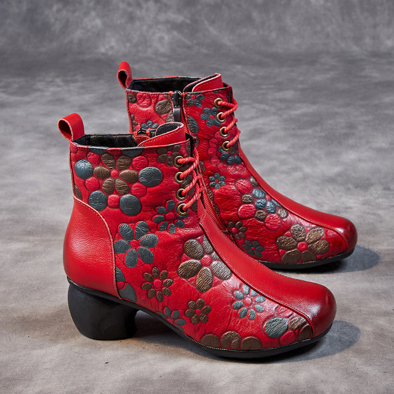 Socofy Leather Print Block Heel Short Boots