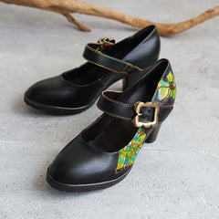 Socofy Vintage Cowhide Handmade Mid Heels